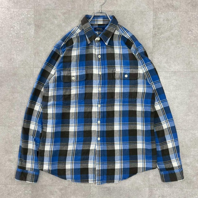 POLO ネルシャツ　ブルー　長袖　アメカジ　チェック　XL シャツ
