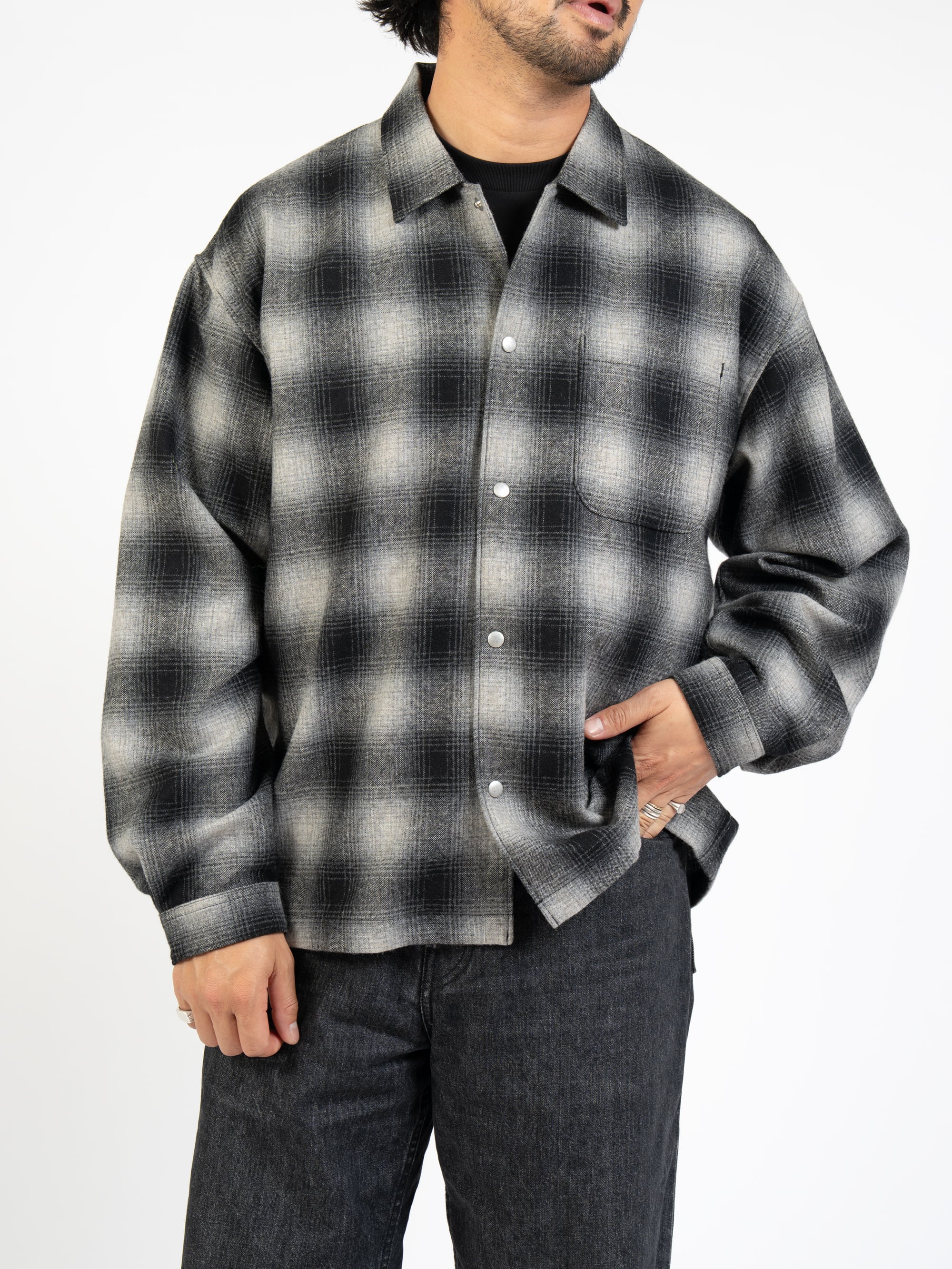 ジャケット・アウター OVY Ombre Check Shirt Jacket L Ombre Check Shirt Jacket (white×black) | OVY