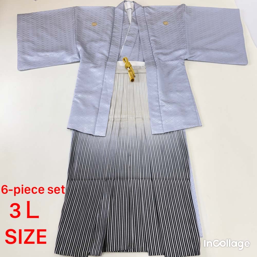紋付袴 6点セット 着物 羽織 袴 長襦袢 羽織紐 角帯 裄81cm 袴丈97cm 3L グレー 五つ紋 中古 4503