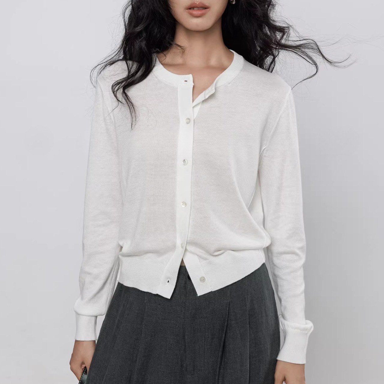 シンプル美シルエット ラウンドネック長袖ニットカーディガン 00192・画像6