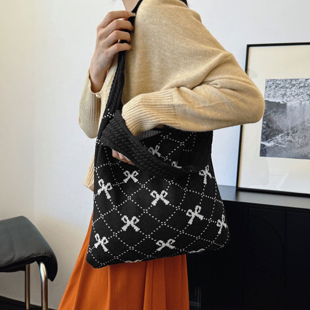 リボン柄 ニット トートバッグ レディース 韓国 大容量 大人 かわいい おしゃれ 通勤 通学 エコバッグ 折り畳み 軽量 A4 きれいめ カジュアル 大人可愛い 大人女子