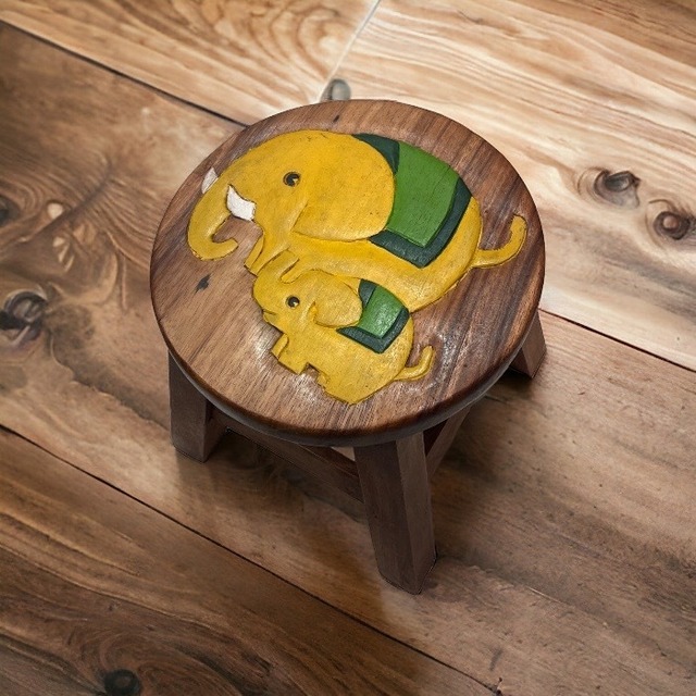 スツール 木製 黄色の親子のゾウ 象 花台 足踏み台 お子様用イス 椅子 丸椅子 チェアー インテリア かわいい stool-kiironooyakozou