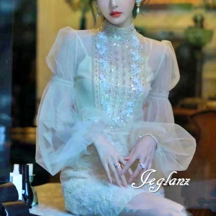 パーティドレス ワンピース ボリューム袖 ビジュー付き 肌透けミニスカ(M5896)ζ