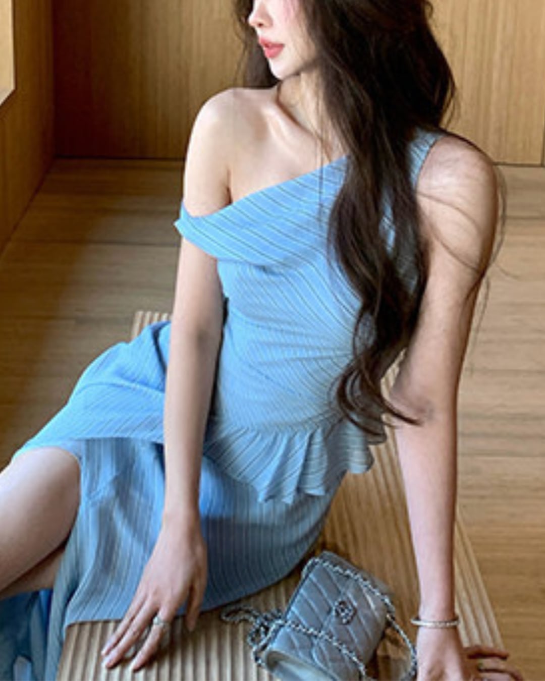 ワンショルダーストライプドレープワンピース S26084