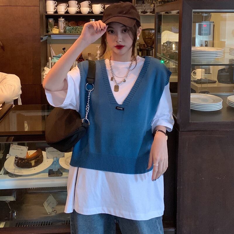 スプリングルーズ薄手ノースリーブショートニットプリント 春物 試着室64109177108