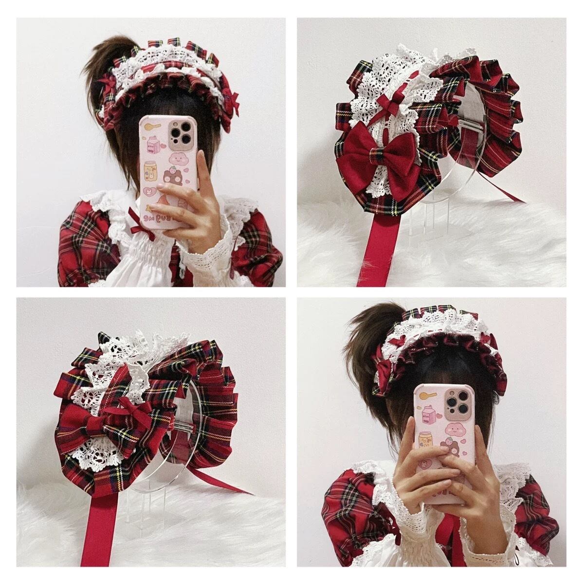 ♡ ギンガムチェック柄 フリルリボンヘッドドレス red 1 ♡ ギンガムチェック柄 フリルリボンヘッドドレス red 1