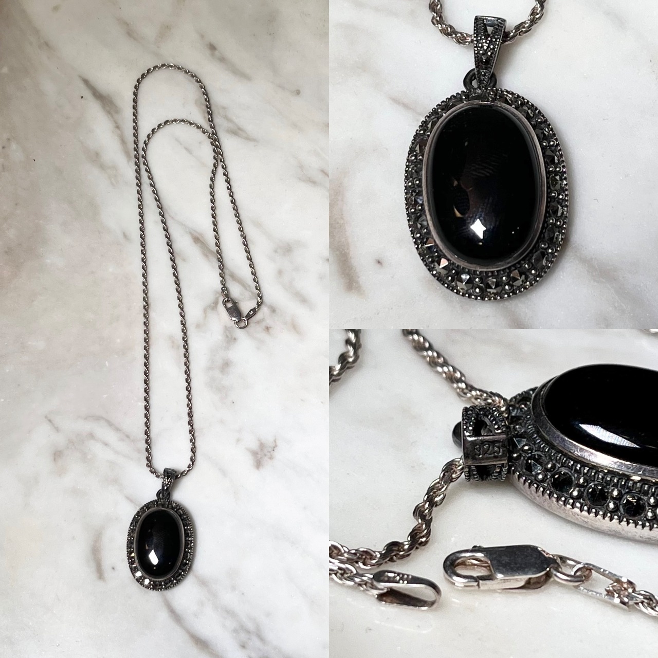 vintage silver oval pendant necklace set with onyx & marcasite