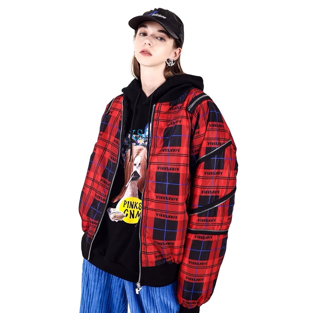 ジャケット ブルゾン パーカー ジャンパー 赤 チェック フード