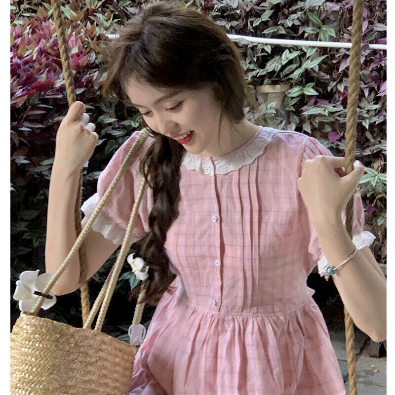 レースドレス サマーウェストロングスカート スリーブ格子柄 大人ガーリー スウィート キュート カジュアル 夏物 萌量不足5293225847