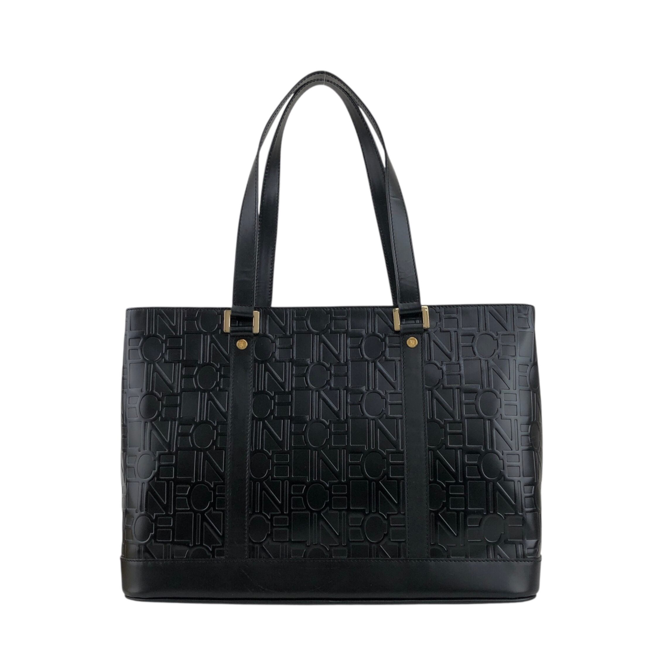 CELINE セリーヌ 型押しロゴ トートバッグ 総柄 ブラック 黒 希少✨️ CELINE セリーヌ ロゴ型押し ハンドバッグ ブラック レザー vintage