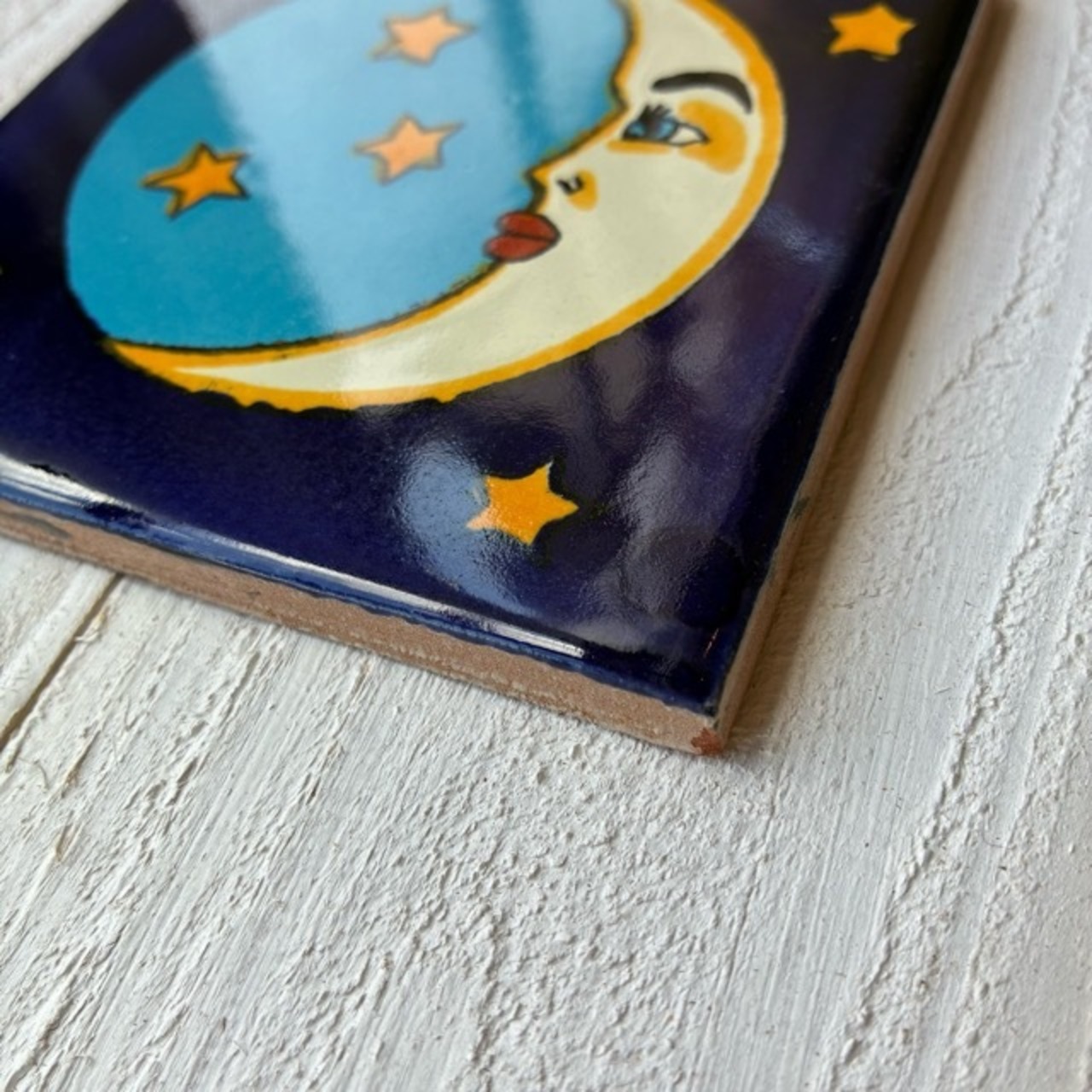 Mexico Talavera tile　メキシコタラベラタイル　L　ムーン　月　スター　星　ネイビー　ブルー　10cm　コースター　鍋敷き　DIY　モザイクタイル　柄タイル　室内壁　室外壁　デザインタイル　レトロ　アートタイル　ハンドメイド