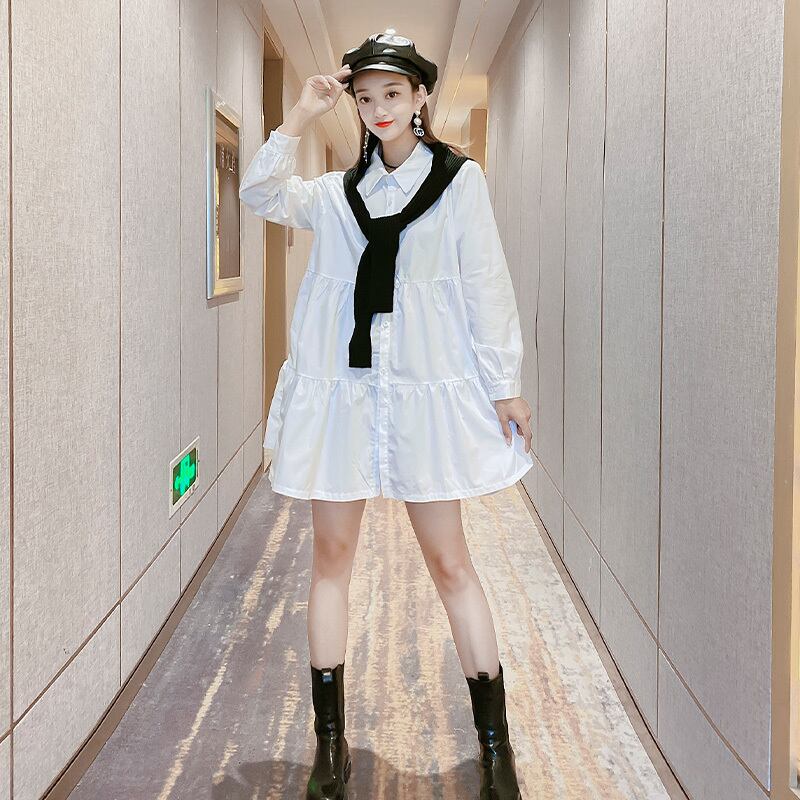 ラージサイズファットmmスリムスーツ女性秋ラペル蓮の葉ミドル丈シャツスカートルーズ長袖ショールツーピーストレンド ミックスインファッション28767937245