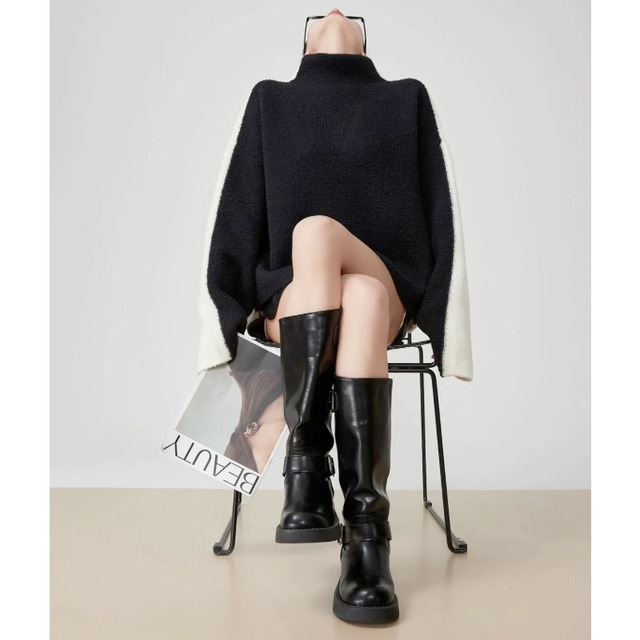 Bicolor highneck knit top C1313