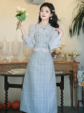 【0160】Blue Check Mid Length Long Sleeve Dress