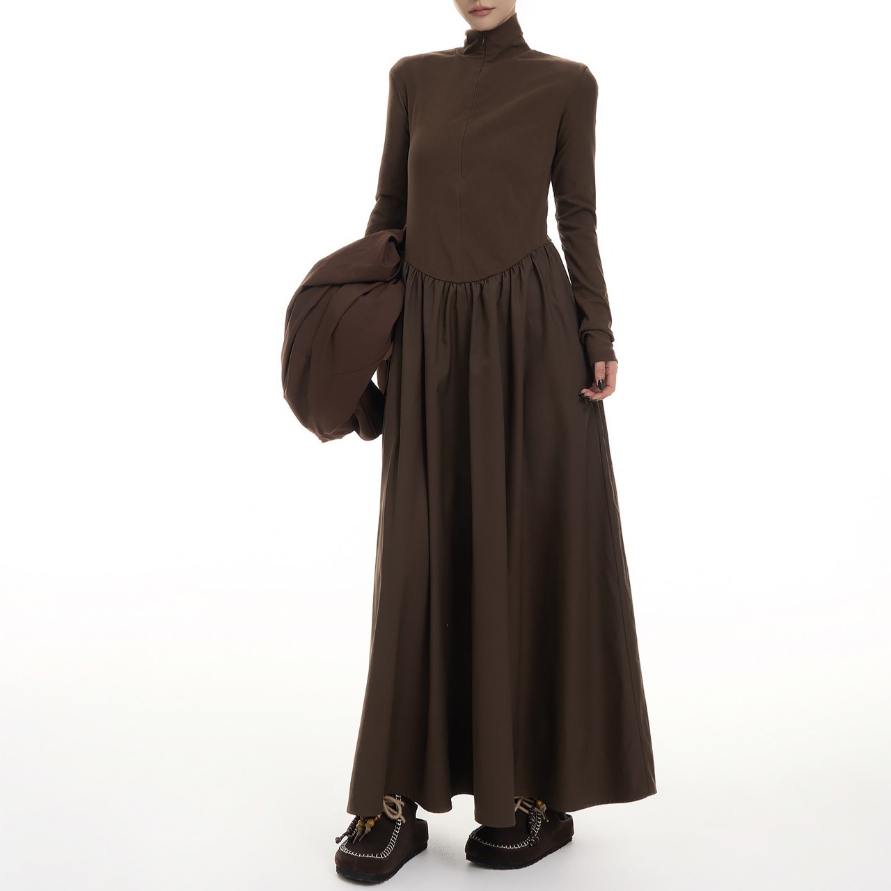 ジップアップ パッチワークAラインワンピース H0059