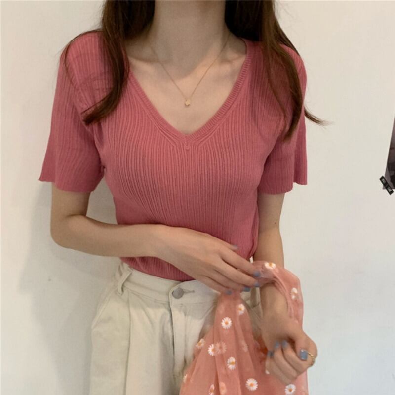 2020年夏のシンプルなピュアカラーのベーシックなワイルドな自家栽培Vネック半袖セーターアウタートップの新しい女性バージョン 1号婦人97246228390