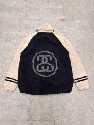 90s OLD STUSSY×CANADIAN SWEATER/Cowichan Sweater/Canada製/M相当/カウチンセ－タ－/カ－ディガン/SSリンクロゴ/ネイビ－/クリ－ム/カナディアンセ－タ－コラボ/ステューシー/オ－ルドステューシー