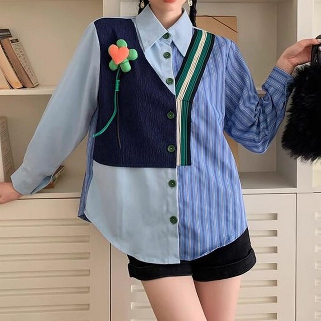 cute heart flower fake two piece striped shirt 0239