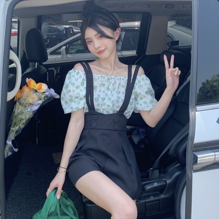 Annasuimini レースアップショートサロペット 新品 ブルー 訳あり