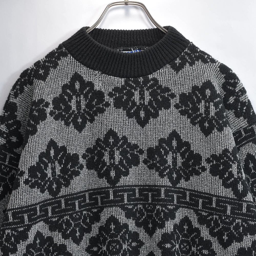 80s~ アメリカ製 LAURA TYLER ボタニカル柄 グリッターセーター ヴィンテージ ラメニット プルオーバー ブラック シルバー USAビンテージ アメリカ古着 レディースL~相当