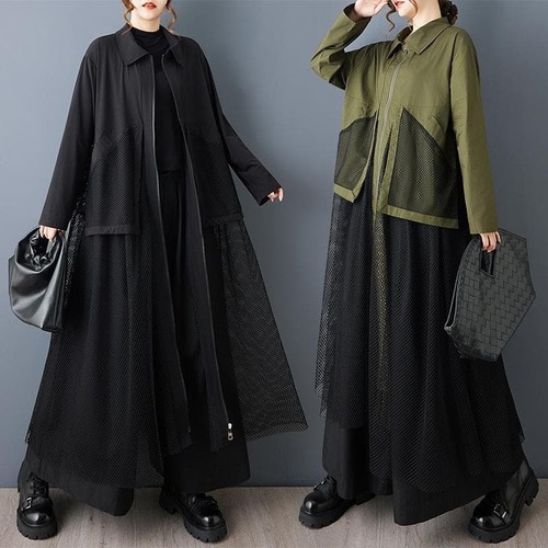 大きいサイズ 新品 秋冬 メッシュ切替ロングワンピース 羽織り モード系 可愛い