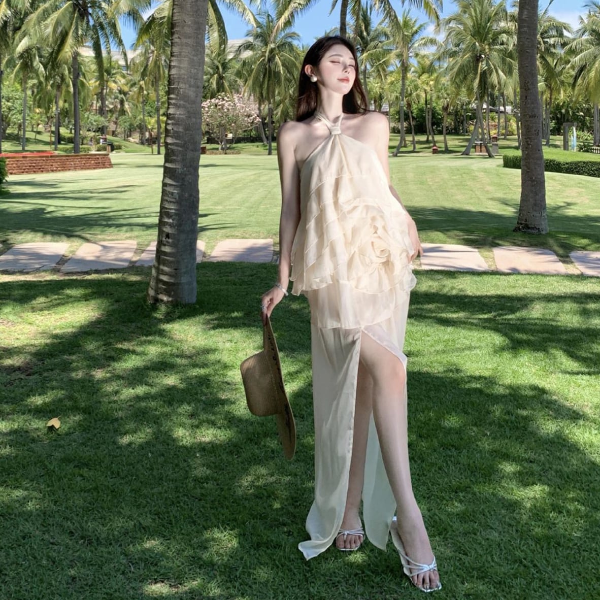 【set】フリルホルターネックトップス×スカートセット M33132