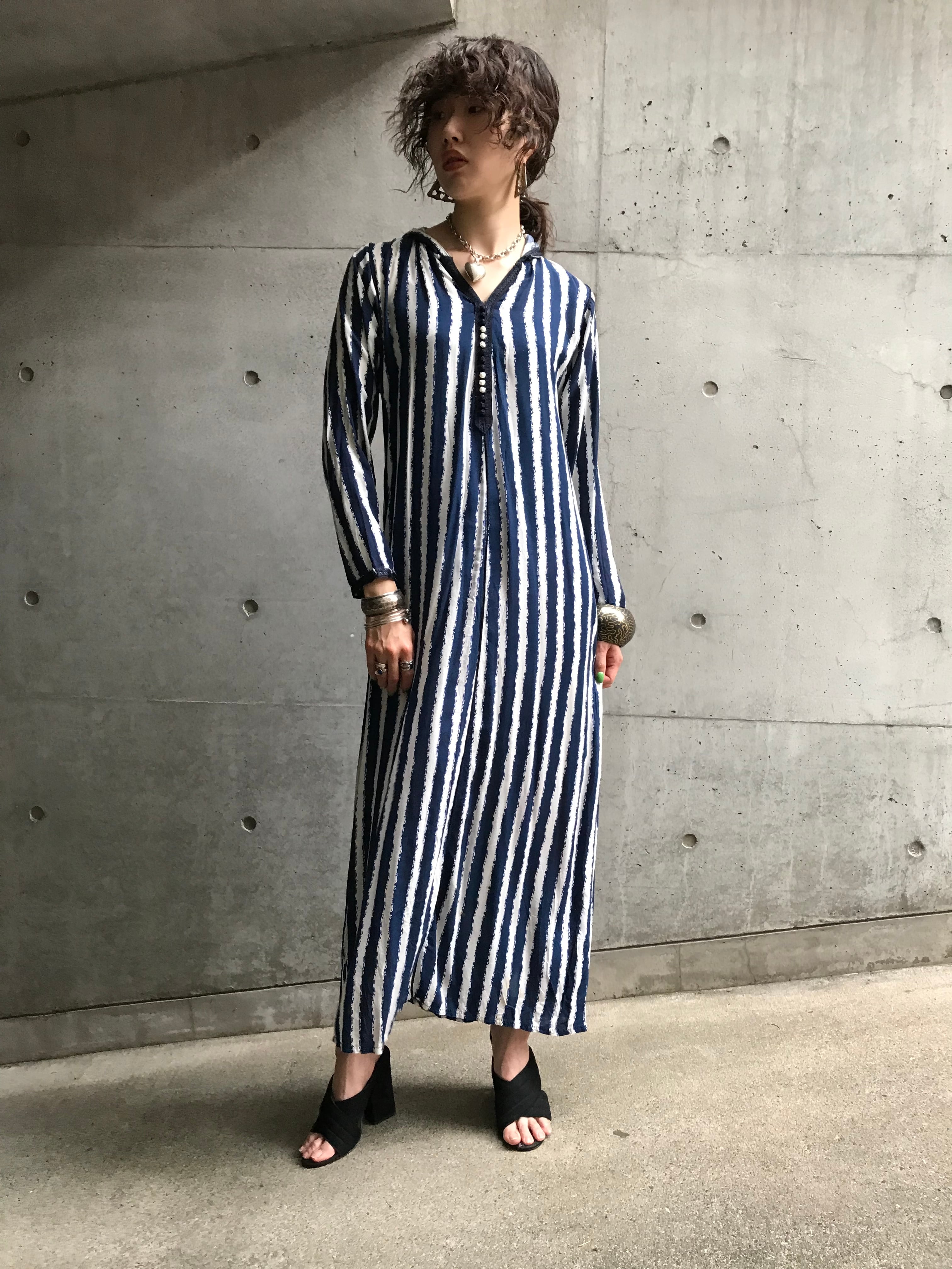 Vintage moroccan navy × white Stripe foodie dress ( ヴィンテージ