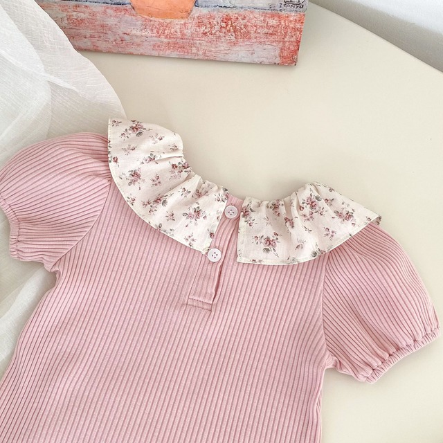 【セット】ピンク小花柄フリル襟半袖Tシャツショートパンツセットアップ - 13