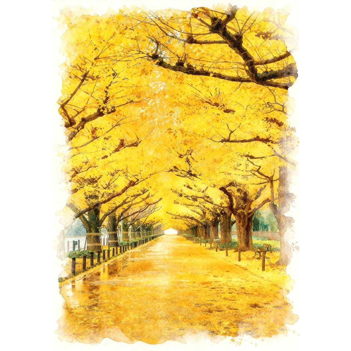絵画 風景画 日本 東京 明治神宮外苑のイチョウ並木 インテリアアート額付き 水彩画・油絵風 WAT0792
