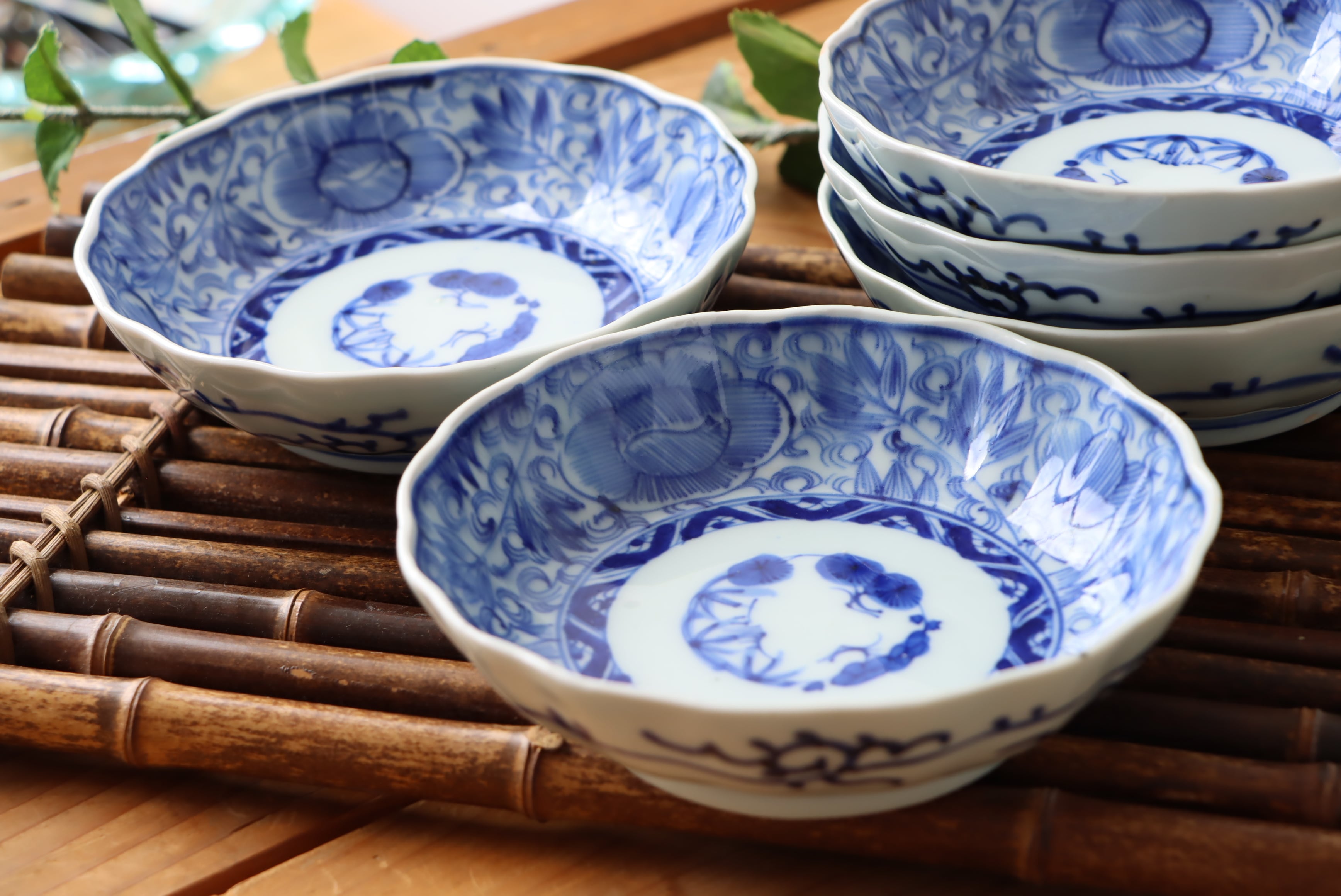 伊万里焼 染付 線描 花文 膾皿/Imari 