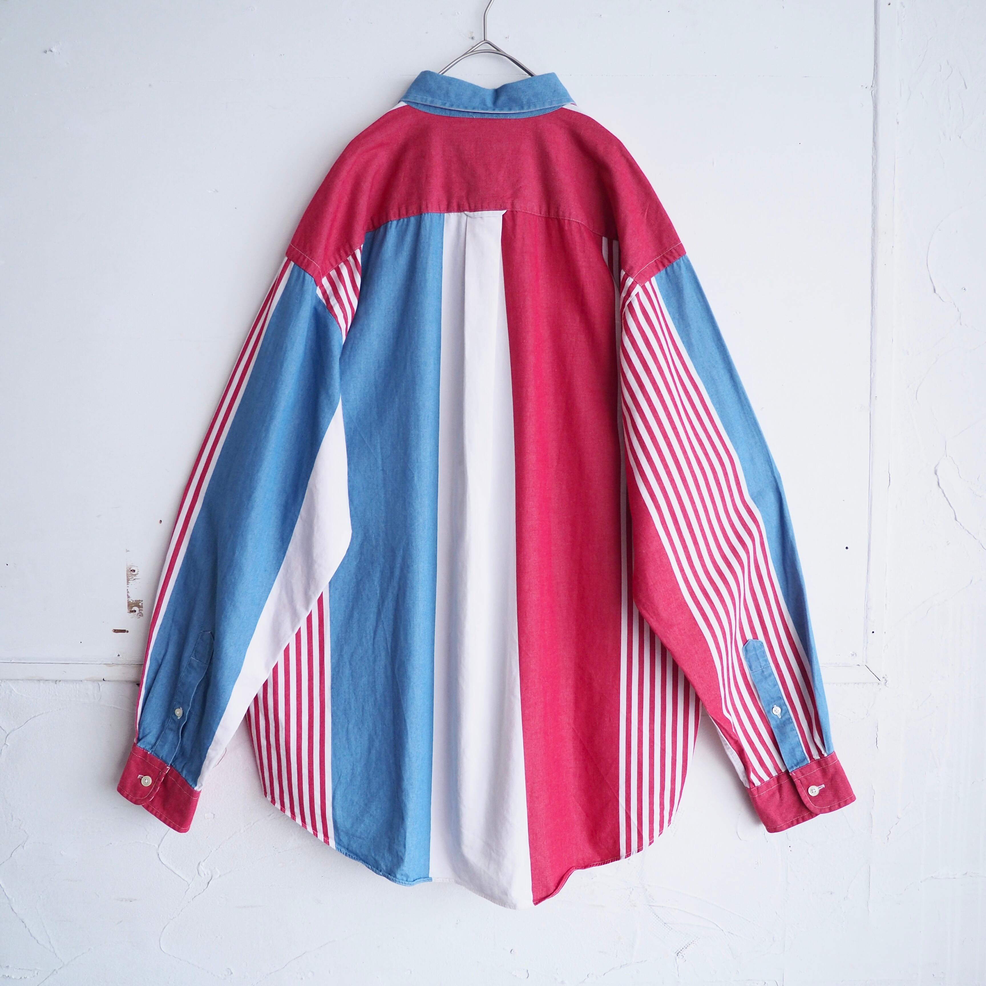 1990s ” Nautica ” tricolor color stripe pattern button down shirt (made in Usa)