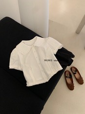 【超人気】洋風　フランス高級感　子供襟半袖シャツ　春夏　小柄スリムスリムショート丈トップス