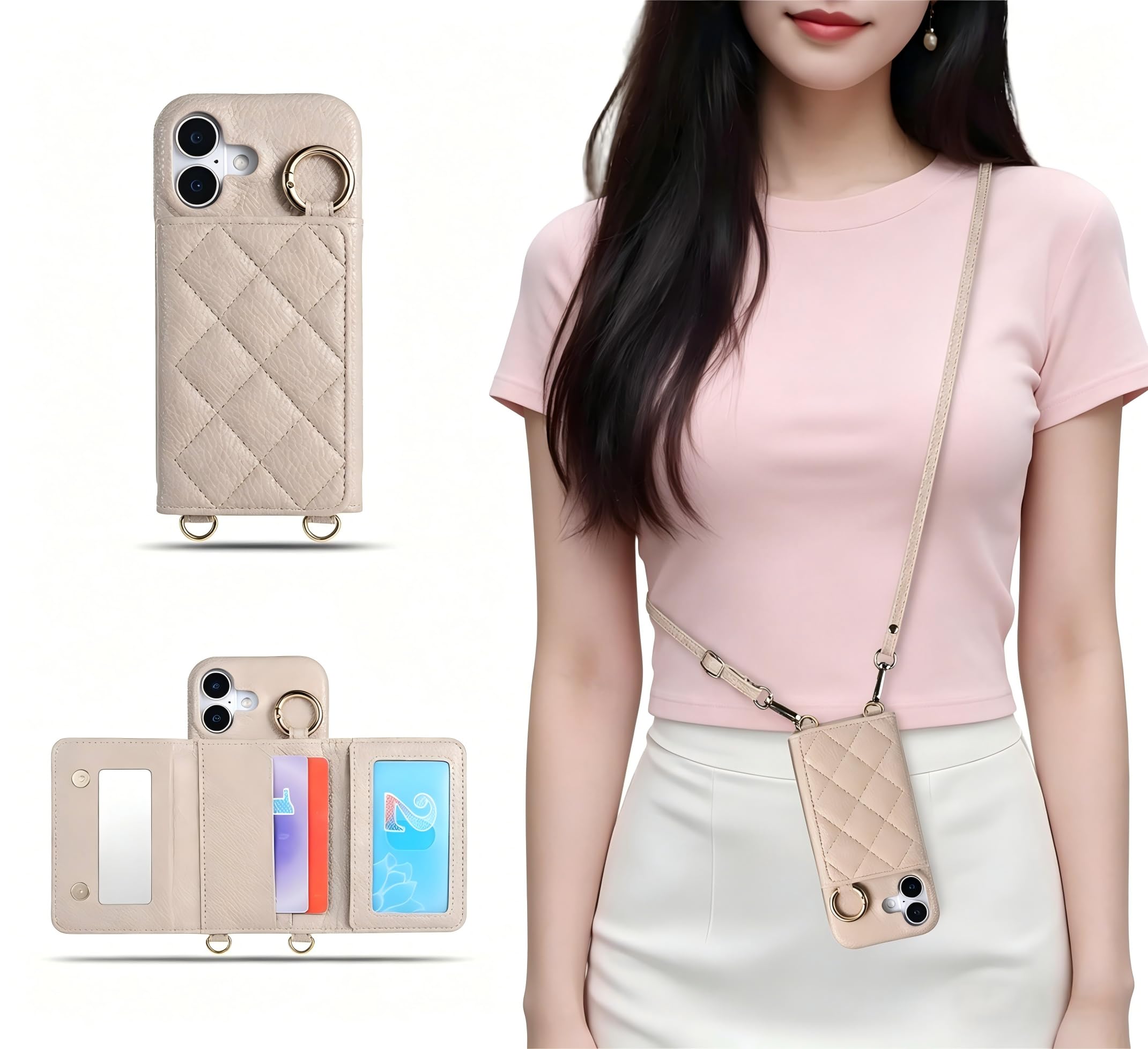 スマホケース for iphone17 ショルダー かわいい 肩紐 斜めがけ For あいふおん17ケース ストラップ付き スマホケース 長さ調整可能 衝撃吸収 傷防止 耐衝撃 レディース 女子 用 (カーキ)