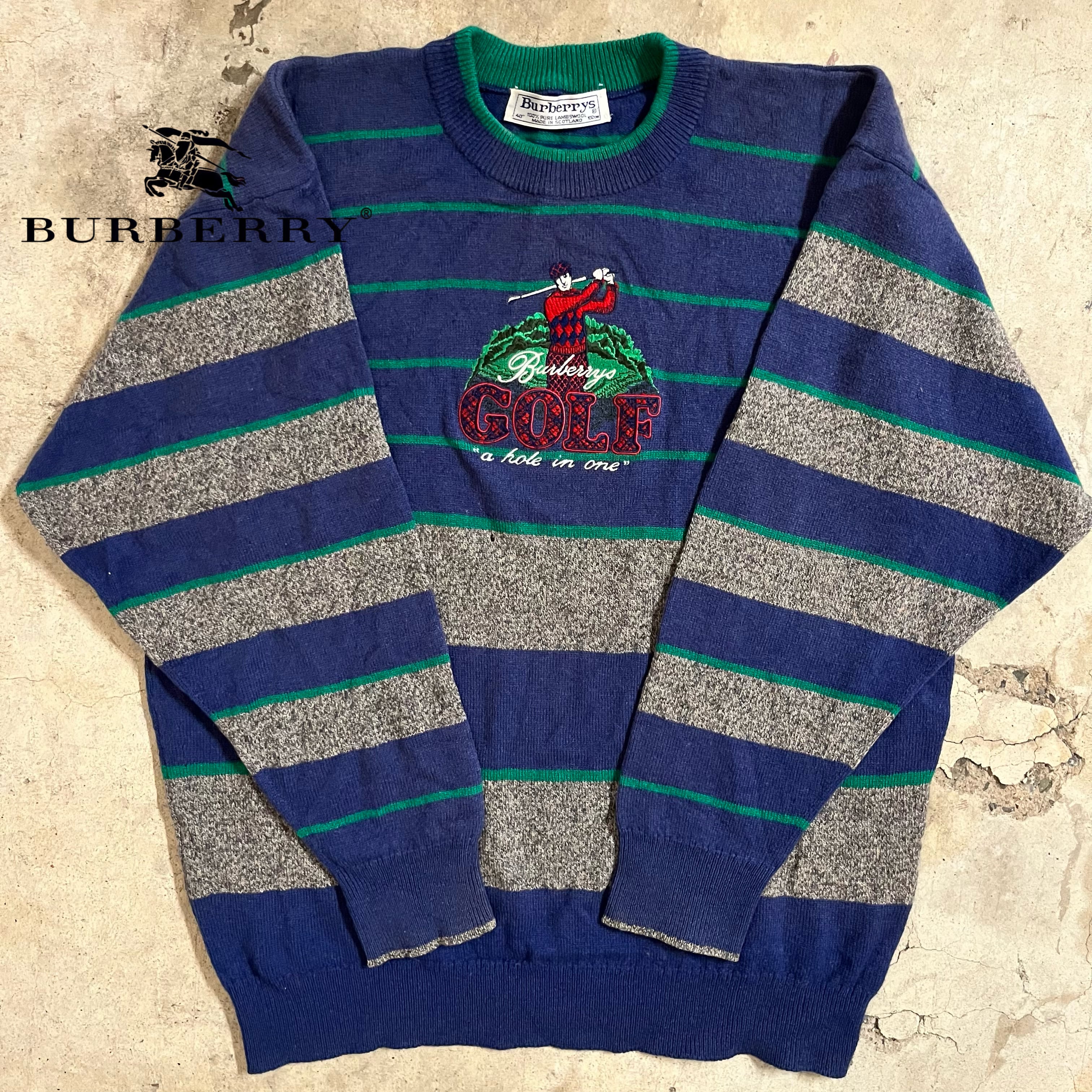 【BURBERRY】90’s made in Scotland lambwool golf embroidery border knit/バーバリー  90年代 スコットランド製 ラムウール ゴルフ刺繍 ボーダー ニット/lsize/#0802/osaka | 〚ETON_VINTAGE〛 ...