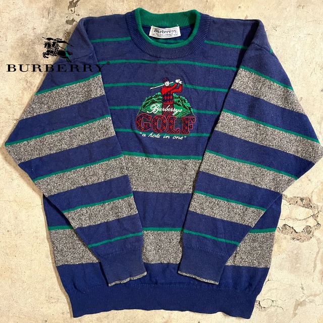 【BURBERRY】90’s made in Scotland lambwool golf embroidery border knit/バーバリー 90年代 スコットランド製 ラムウール ゴルフ刺繍 ボーダー ニット/lsize/#0802/osaka