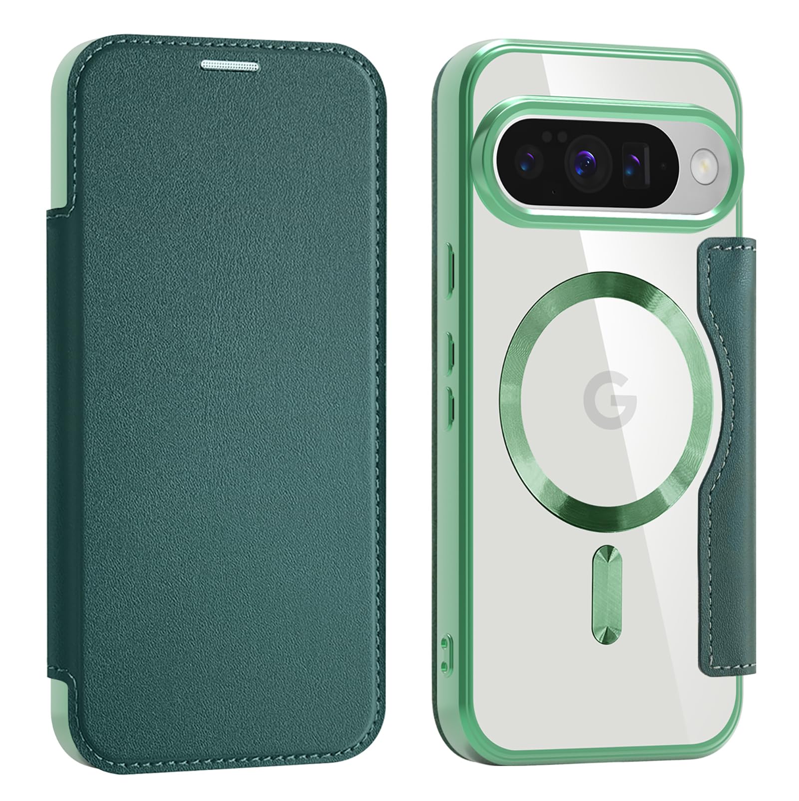 Google Pixel 10 /10 Pro 用 ケース 手帳型 RFID ピクセル 10/10pro ケース 財布型 カードポケット付き 全面保護 Magsafe対応 背面透明 高級なPUレザー 人気財布型 カバー 軽量 グーグルピクセル 10/10pro ケース カード収納 おしゃれ 上質な手触り 擦り傷防止 (グリーン)
