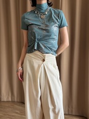 MADE IN JAPAN metallic print stretch high-neck tops-5306-7
