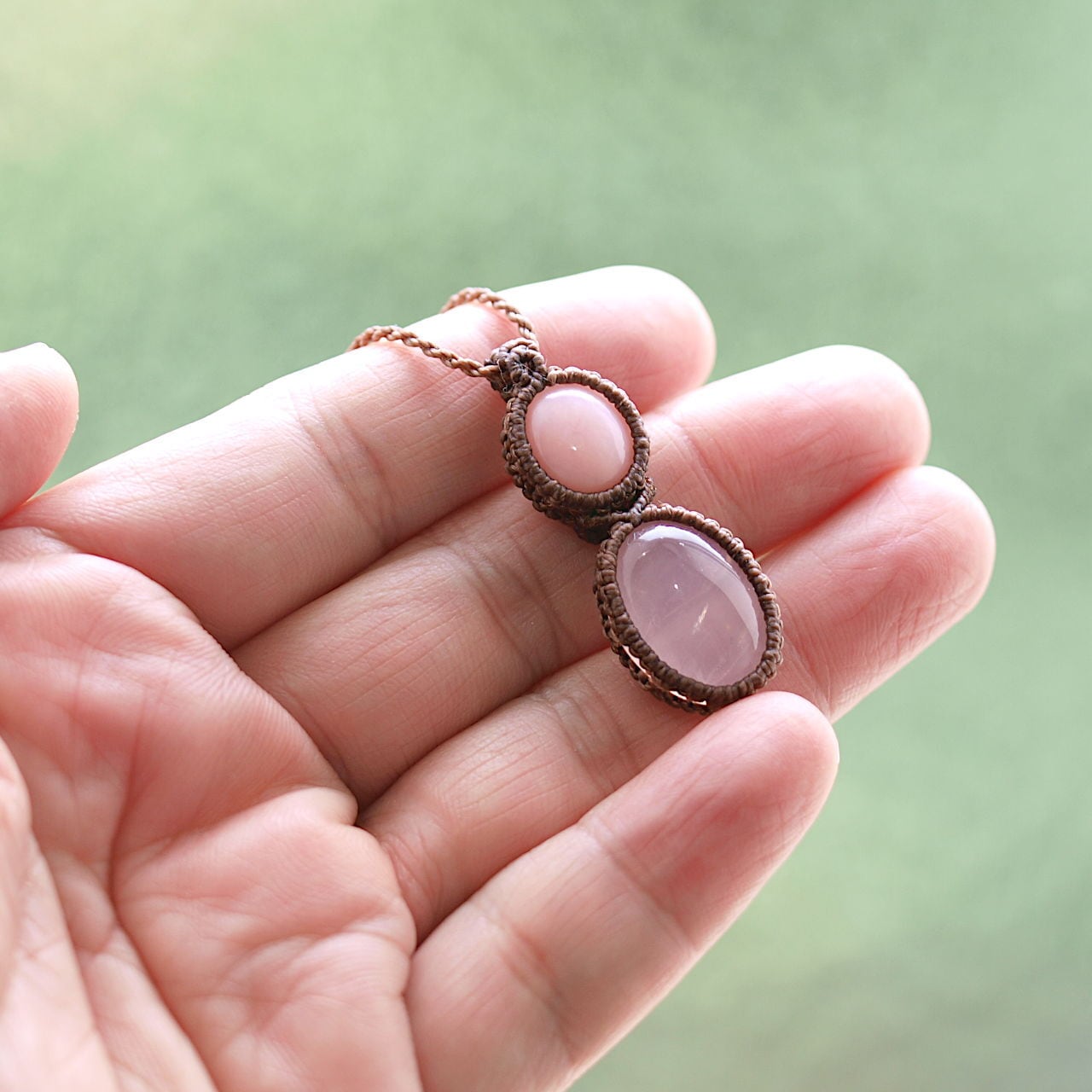 一点物】ピンクオパール＋ローズクォーツ連結マクラメネックレスNo.2