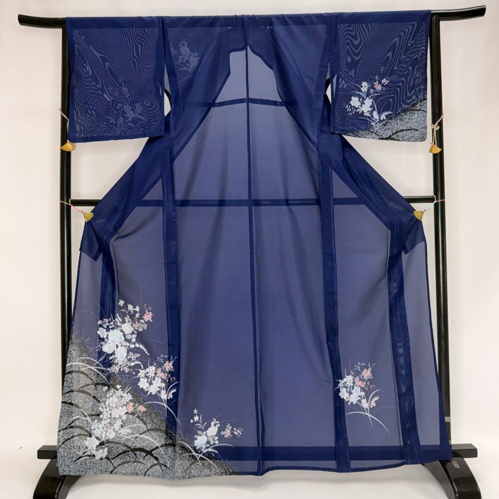 訪問着 付け下げ 絽 夏用 幅広 大きい 夏 洗える着物 礼装 ポリエステル 裄65.5cm M サイズ 青 6128
