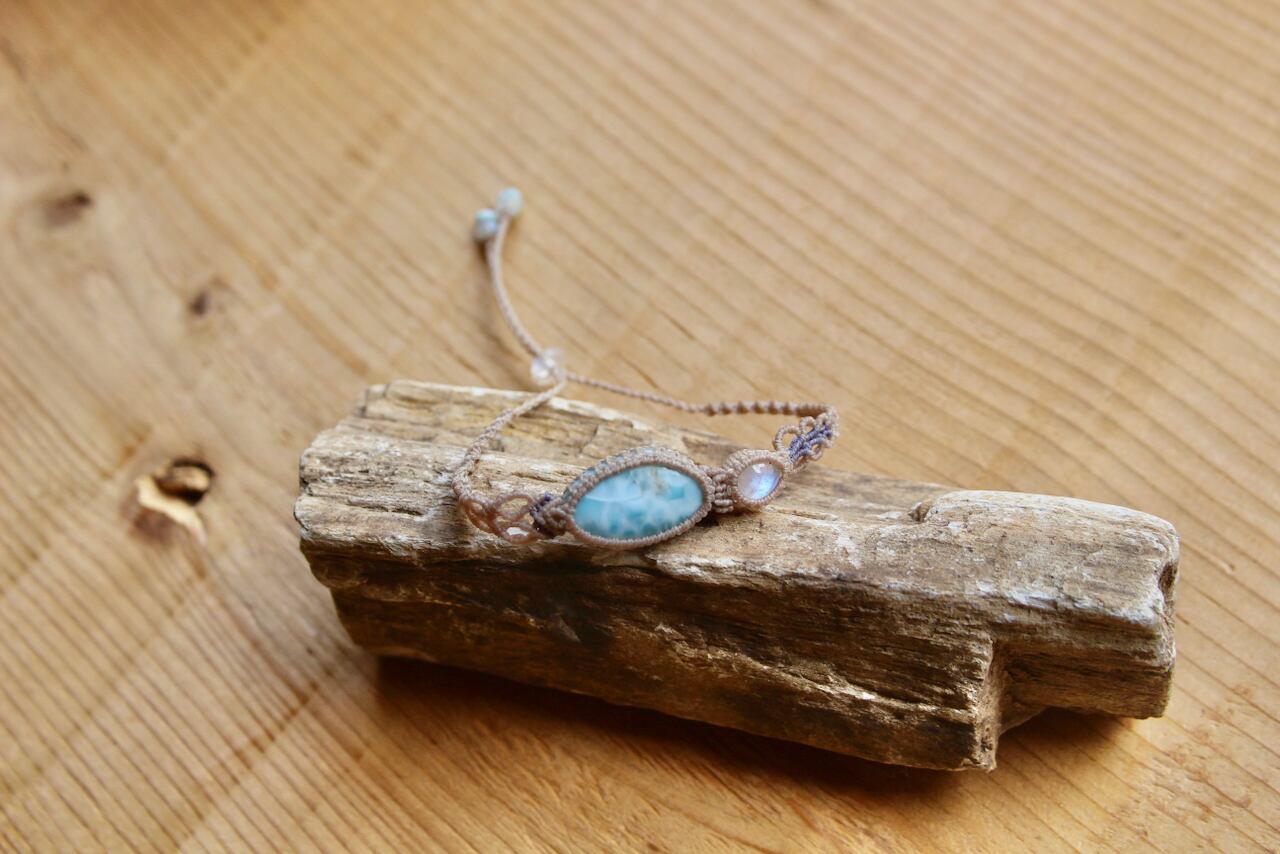 Larimar & Rainbow moonstone micro macrame bracelet