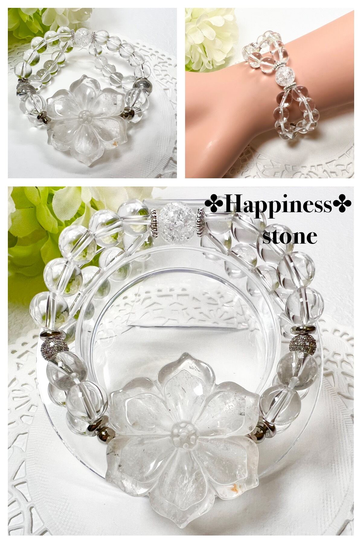 【重ね付け風 水晶お花ブレスレット✿*:】天然石 パワーストーン