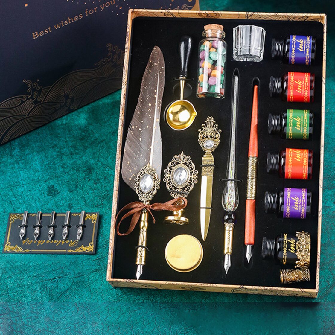 星空の羽根ペン《真夜中の6彩星魔法団》ガラスペン・インクセット