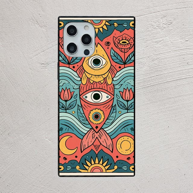 受注生産 iPhoneケース 目と花のサイケ民芸柄｜フォークアート PSYF031A