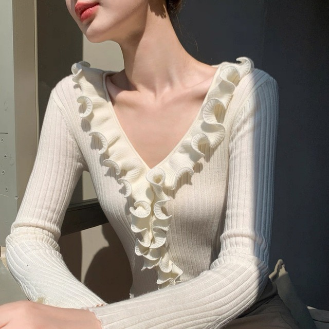 フリルVネックリブニットトップス　W00278