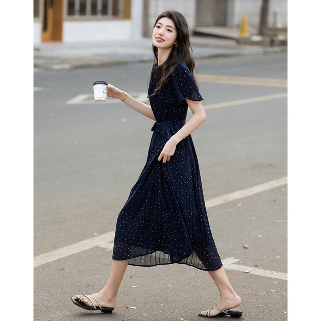 【ワンピース】大きいサイズ ワンピース レディース 夏 おしゃれ きれいめ 可愛い 春 夏 秋 20代 30代 40代 50代 婚活 顔合わせ 謝恩会 二次会 大人 可愛い カジュアル ドット ネイビー 青 S M L XL 2XL
