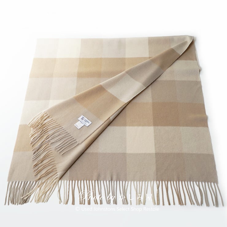 国内正規品・日本別注】ジョンストンズ ベージュブロックチェック Johnstons カシミヤ大判ストール カシミア 100%