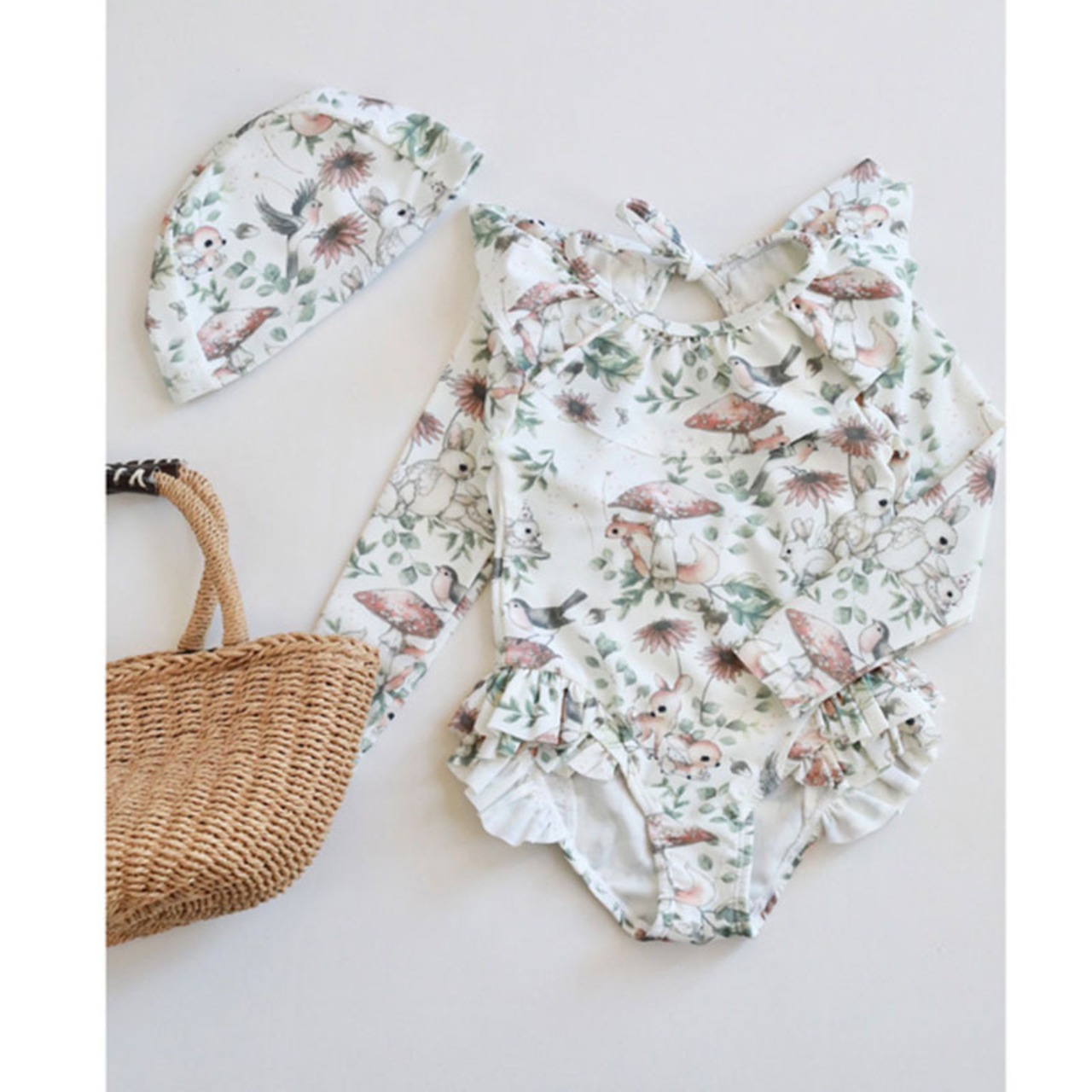 フリル裾長袖花柄水着