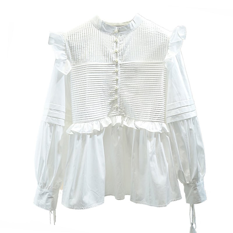 Shoulder ruffle high-neck blouse《2color》