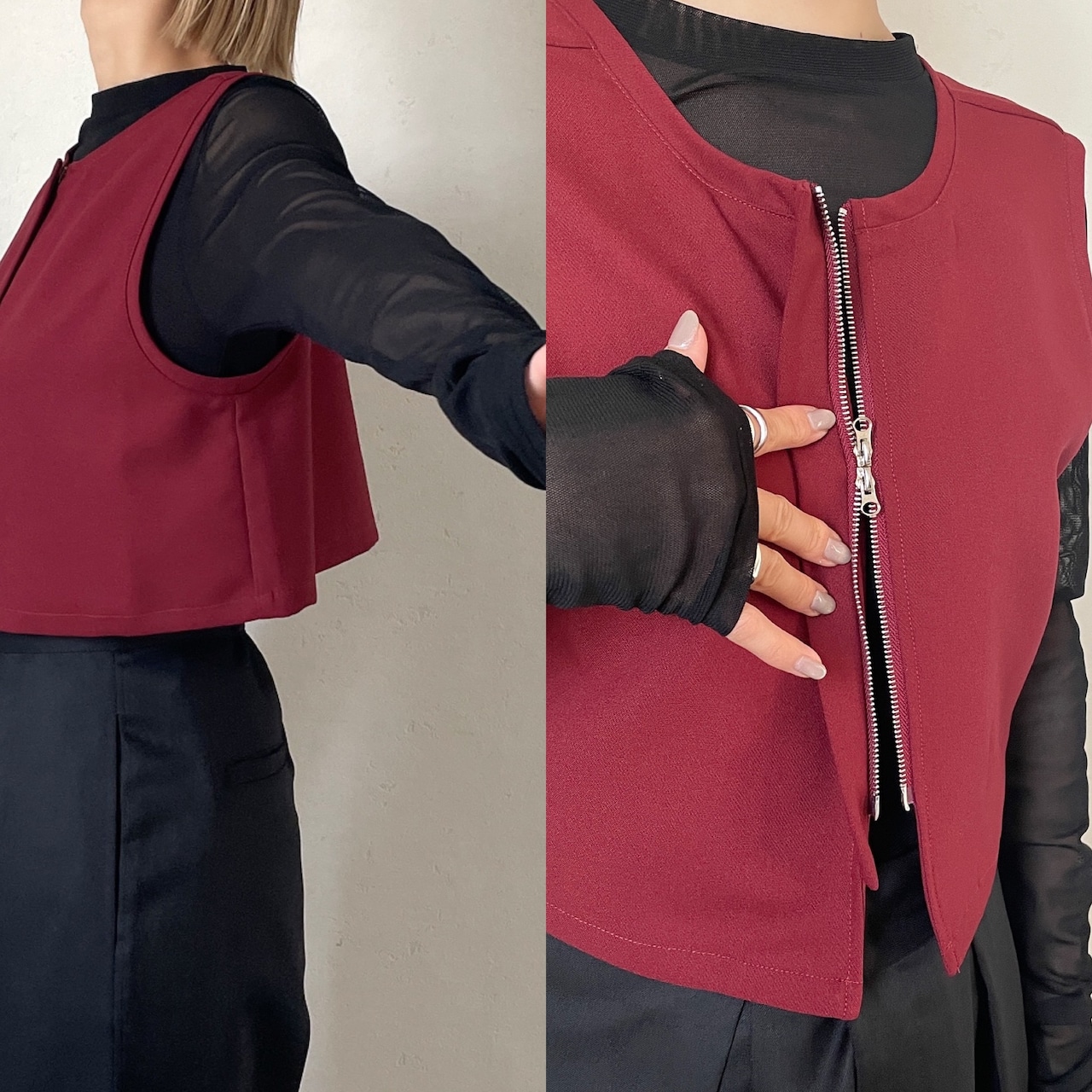 double zip 2way short vest/red