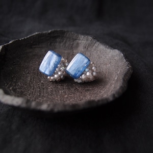 【天然石刺繍/ピアス】 Kyanite × Coated Labradorite Earrings(Rectangle)